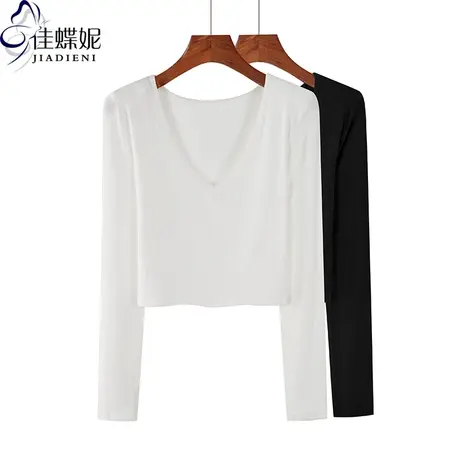 秋季新款韩版纯棉深V领修身显瘦短款纯色长袖体恤上衣内搭打底女商品大图