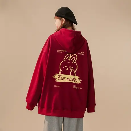 国潮兔年本命年卫衣女2023秋冬季加绒加厚ins潮牌上衣服宽松外套图片