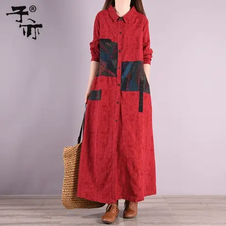 2022子亦春季新款布衣风格民族风单排扣长袖贴布宽松衬衫连衣裙图片