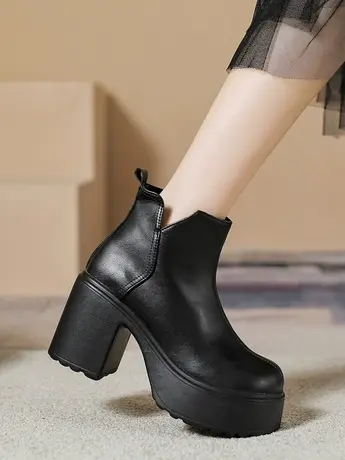 短靴子女2023春秋新款百搭英伦风高帮鞋女厚底马丁靴粗跟女靴子潮图片