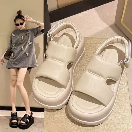 增高踩屎感沙滩凉鞋女夏季2023新款外穿时装简约凉拖厚底防滑鞋商品大图