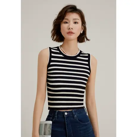 弥古黑白条纹背心女夏外穿西装内搭无袖针织打底短款显瘦坎肩上衣图片