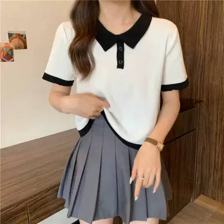 短款polo领撞色短袖t恤女夏薄款别致上衣设计感小众高腰V领体恤衫图片