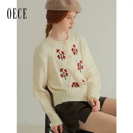 Oece复古设计感针织开衫女2023秋冬季新款毛衣外套刺绣上衣商品大图