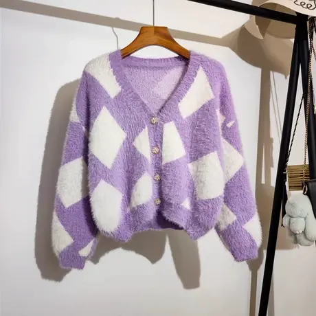 仿水貂绒毛衣外套女秋冬新款韩系宽松v领时尚菱形格针织开衫上衣商品大图