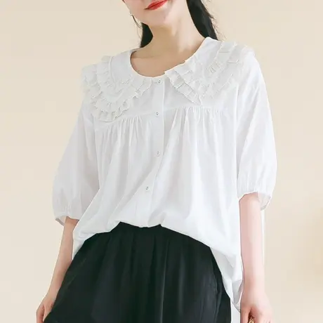 胖妹妹夏季2023新品三层花瓣领白色衬衫加大码宽松显瘦五分袖衬衣商品大图