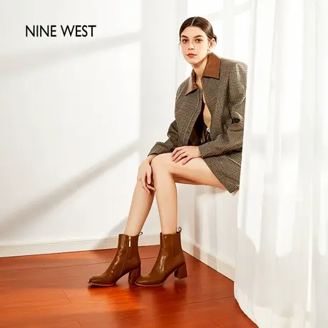 Nine West/玖熙粗跟短靴女秋冬新款高跟弹力切尔西靴瘦瘦靴子图片