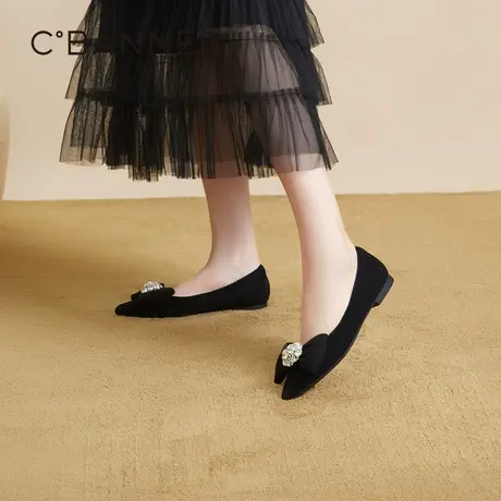 千百度羊皮单鞋女2023年春季新款蝴蝶结低跟鞋通勤尖头温柔风鞋子图片