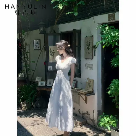 韩语琳 复古新中式白色提花连衣裙女夏季新款收腰气质v领刺绣长裙图片