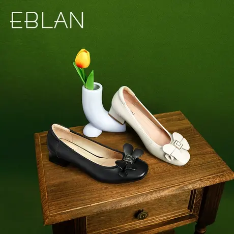 伊伴2023秋季新款女鞋气质粗跟浅口单鞋羊皮软底单鞋一脚蹬通勤鞋商品大图