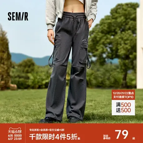 森马休闲裤女抓毛做旧工装裤美式复古风冬季松紧腰阔腿裤潮酷街头商品大图