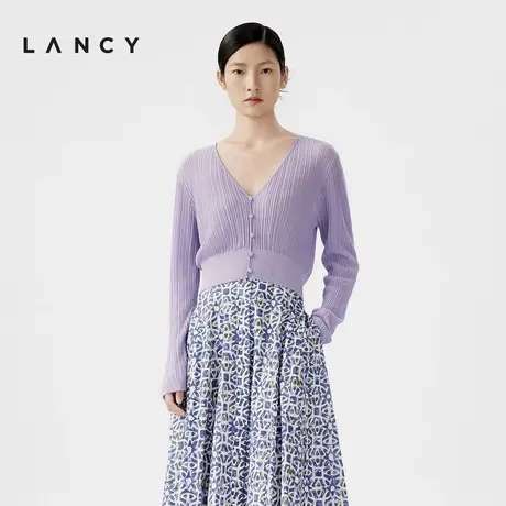 LANCY/朗姿2024夏季新款长袖V领短款棉质开衫女薄款法式气质外搭图片