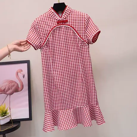 新式旗袍年轻款少女改良版中国风短款红色格子连衣裙子现代风甜美图片