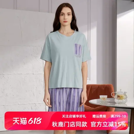 秋鹿简约条纹短袖短裤情侣睡衣夏季圆领纯棉女式家居服男套装薄款商品大图