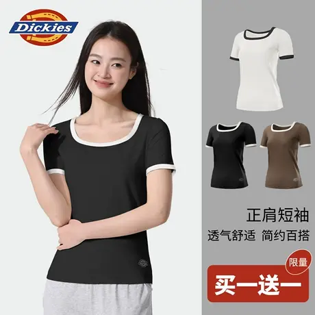 Dickies短袖女款2025夏季新款内搭撞色打底衣黑色丝滑纯色小方领商品大图