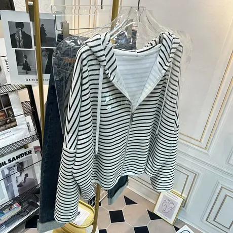 条纹拉链卫衣女开衫2023年新款宽松慵懒风休闲薄款早春秋连帽外套商品大图