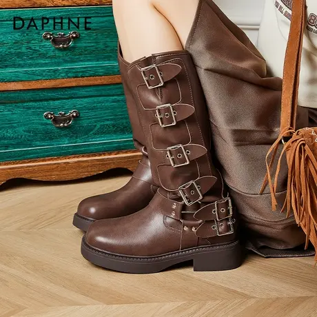 达芙妮长筒靴子女2025夏新款复古厚底骑士靴美拉德棕色牛仔西部靴商品大图