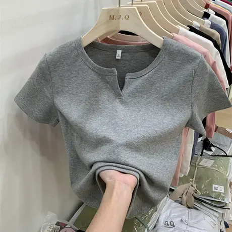 正肩短袖t恤女夏季设计感小众甜辣风短款不规则独特法式别致上衣图片