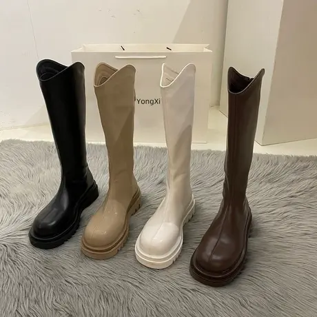 白色靴子女长筒靴小个子春秋女鞋V口马丁瘦瘦高筒不过膝骑士长靴图片