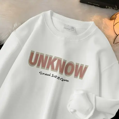 320g重磅白色卫衣男春秋季圆领印花长袖t恤加绒加厚套头无帽上衣商品大图