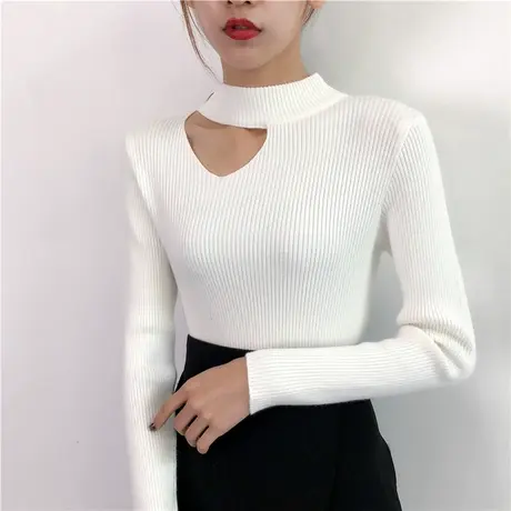 漏锁骨心机上衣针织打底衫女春秋2023新款洋气内搭修身挂脖毛衣女图片
