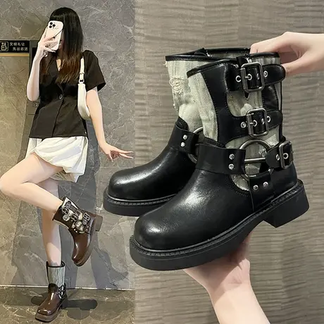 厚底马丁靴子女春秋2023夏新款复古皮带扣短靴西部牛仔骑士中筒靴商品大图