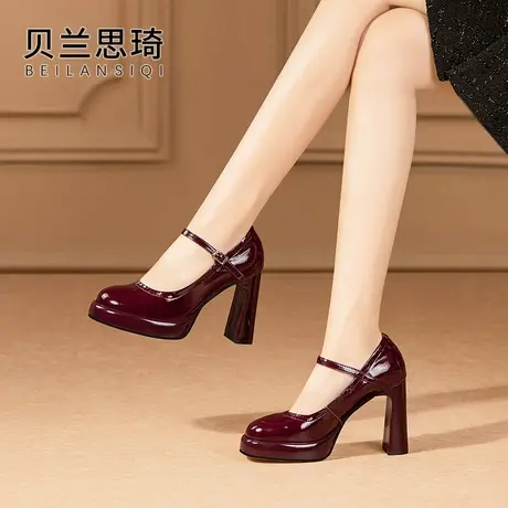 真皮一字带圆头浅口粗跟单鞋女2025秋季新款模特走秀防水台高跟鞋商品大图