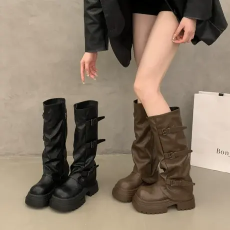 厚底不过膝长靴女2025年秋季新款增高百搭骑士靴小个子高级堆堆靴商品大图