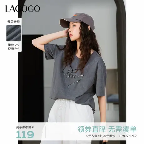 LAGOGO深灰色韩系设计感短袖女拉谷谷2025年夏季新款百搭夏日T恤图片