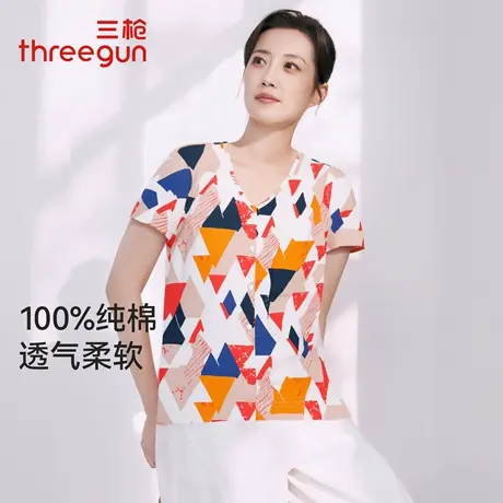三枪女士短袖T恤夏季新品水柔棉V领开襟印花妈妈衫纯棉汗衫可外穿商品大图