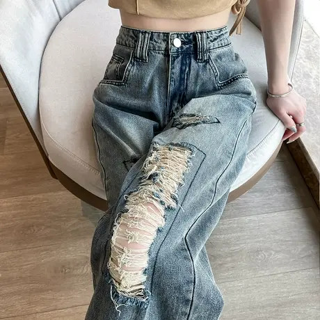 破洞阔腿牛仔裤女2023年春秋新款高腰窄版显瘦ins小众直筒拖地裤商品大图