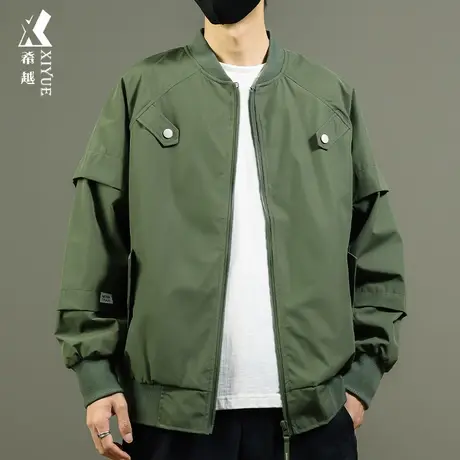 宽松大码飞行员夹克男士外套秋季美式复古立领棒球服绿色开衫上衣商品大图