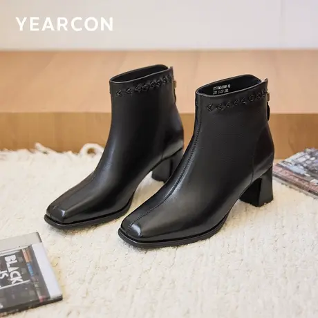 意尔康女靴2025新款秋冬季真皮短靴女粗跟加绒高跟靴子时装短筒靴商品大图