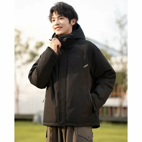 唐狮新款男连帽短款冲锋羽绒服黑色厚外套青少年潮流（防水）TD商品大图