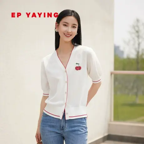 EP YAYING雅莹女装 薄款短袖V领樱桃针织开衫 夏装商场同款9182A商品大图