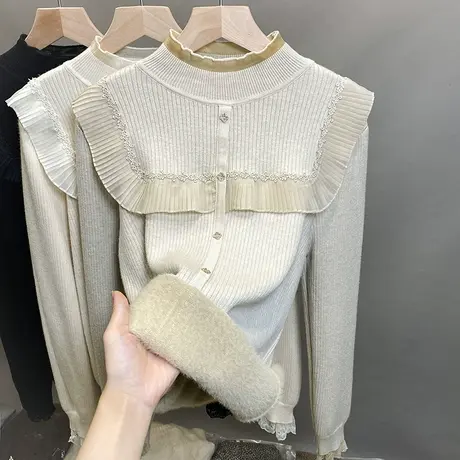 加绒半高领毛衣女一体绒打底衫2023秋冬新款蕾丝针织衫加厚上衣潮商品大图