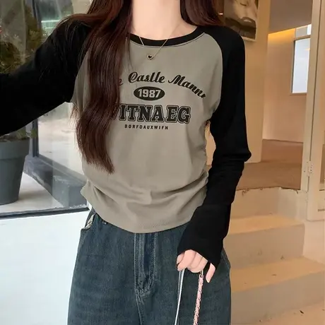 设计感抽绳显瘦长袖t恤女春秋装今年流行这肚子小衫插肩短款上衣图片