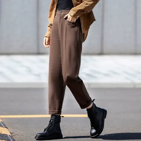 咖啡色裤子女新款2023爆款今年流行秋冬天加厚加绒休闲裤哈伦女裤商品大图