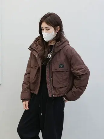 羽绒撞色夹克外套女短款工装羽绒服2023秋冬款设计感机车风冲锋衣商品大图