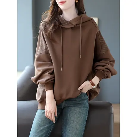 宝诗黎连帽条纹拼接大码宽松卫衣女早秋蝙蝠长袖棉质上衣2023新款图片