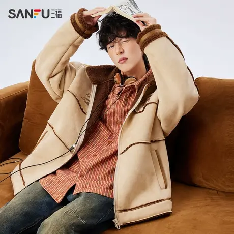 三福2023冬男士哥特字母刺绣麂皮夹克 休闲宽松翻领外套478113图片