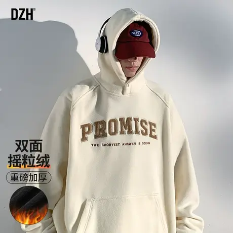 男士卡其色摇粒绒卫衣男秋冬款2023新款美式潮牌连帽重磅加绒外套商品大图