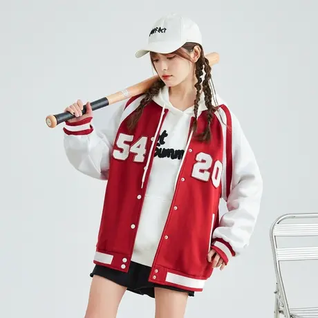 唐狮宽松百搭棒球服外套女秋冬新款拼接夹克ins潮红色过年上衣图片