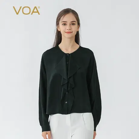 VOA官绿40姆米靓丽双面缎重磅真丝圆领蝙蝠长袖宽松桑蚕丝衬衫图片