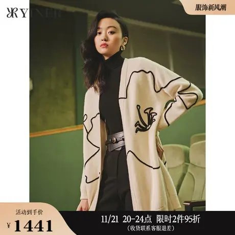 YINER音儿女装秋季长款印花毛针织衫羊绒羊毛薄外套图片