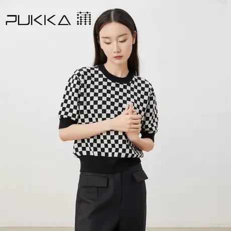 蒲PUKKA 棋盘格针织衫女年春装宽松简约拼接圆领套头上衣图片