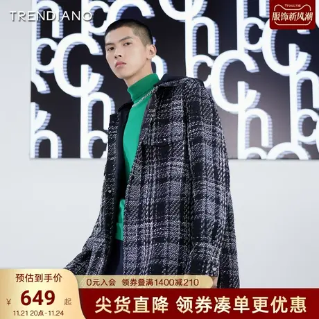 TRENDIANO潮牌春秋新款衬衣粗花呢假两件连帽格子衬衫男士上衣图片