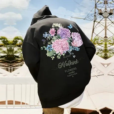 Nuthink美式高街重磅420G花朵带帽卫衣男潮2023新款宽松外套帽衫商品大图