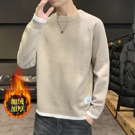 加绒毛衣男士秋冬季2021新款潮假两件加厚保暖内搭打底针织羊毛衫商品大图