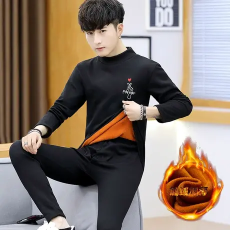 男士加绒保暖套装冬青少年韩版修身长袖上衣裤子两件套黄金绒T恤商品大图